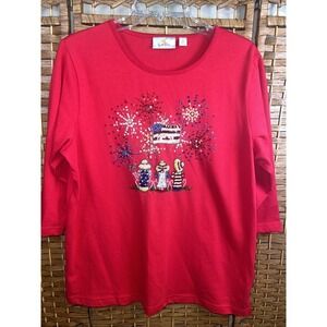 VTG Quacker Factory Womens Red 3/4 Sleeve Top Patriotic Beaded Sequin Sz Lg JULY